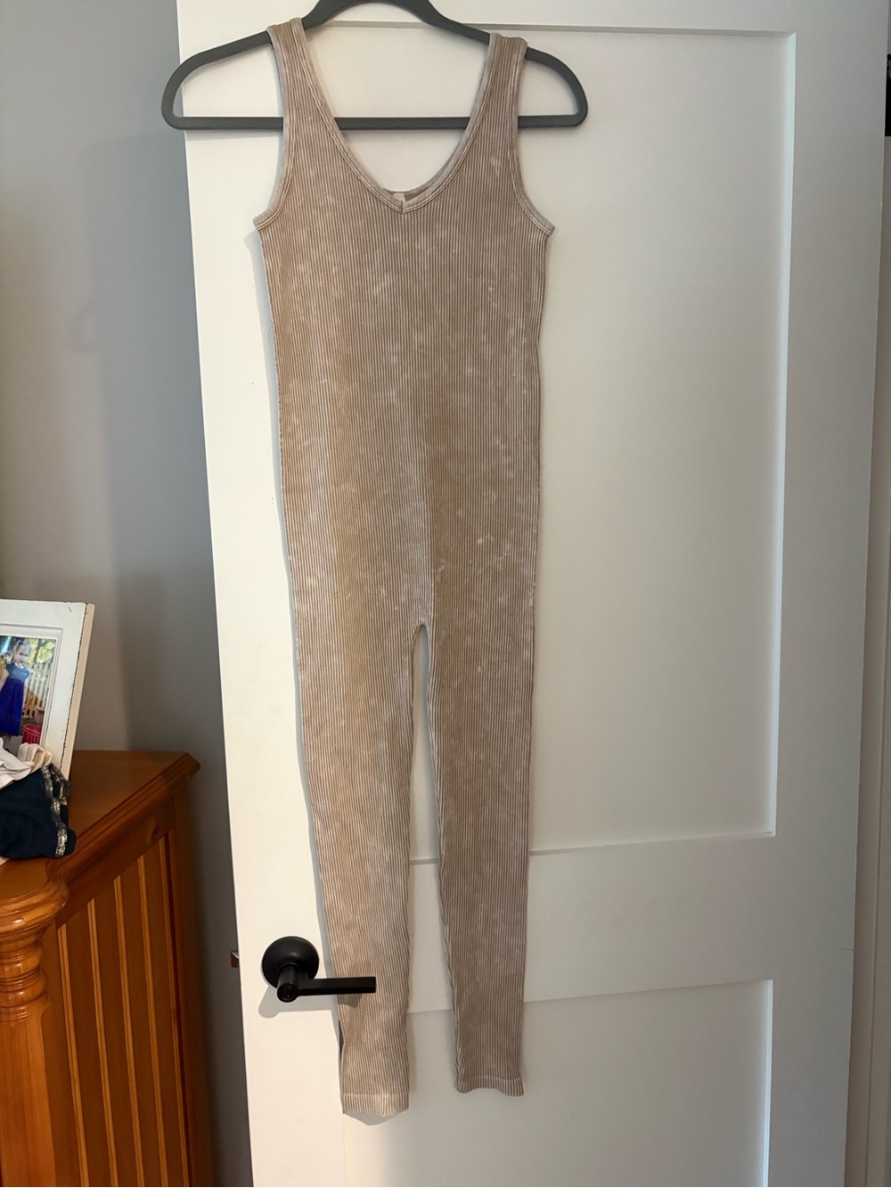 Never worn Zenana Outfitters Ribbed V-Neck Jumpsuit in Taupe